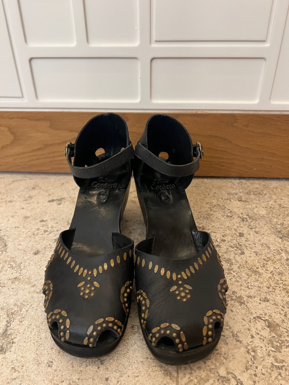Cordero Black Studded Peep-Toe Ankle Strap Sandals